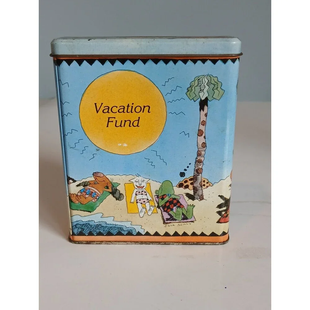 Vintage Tin Metal Coin Bank Vacation Fund Bandaid Box Shape